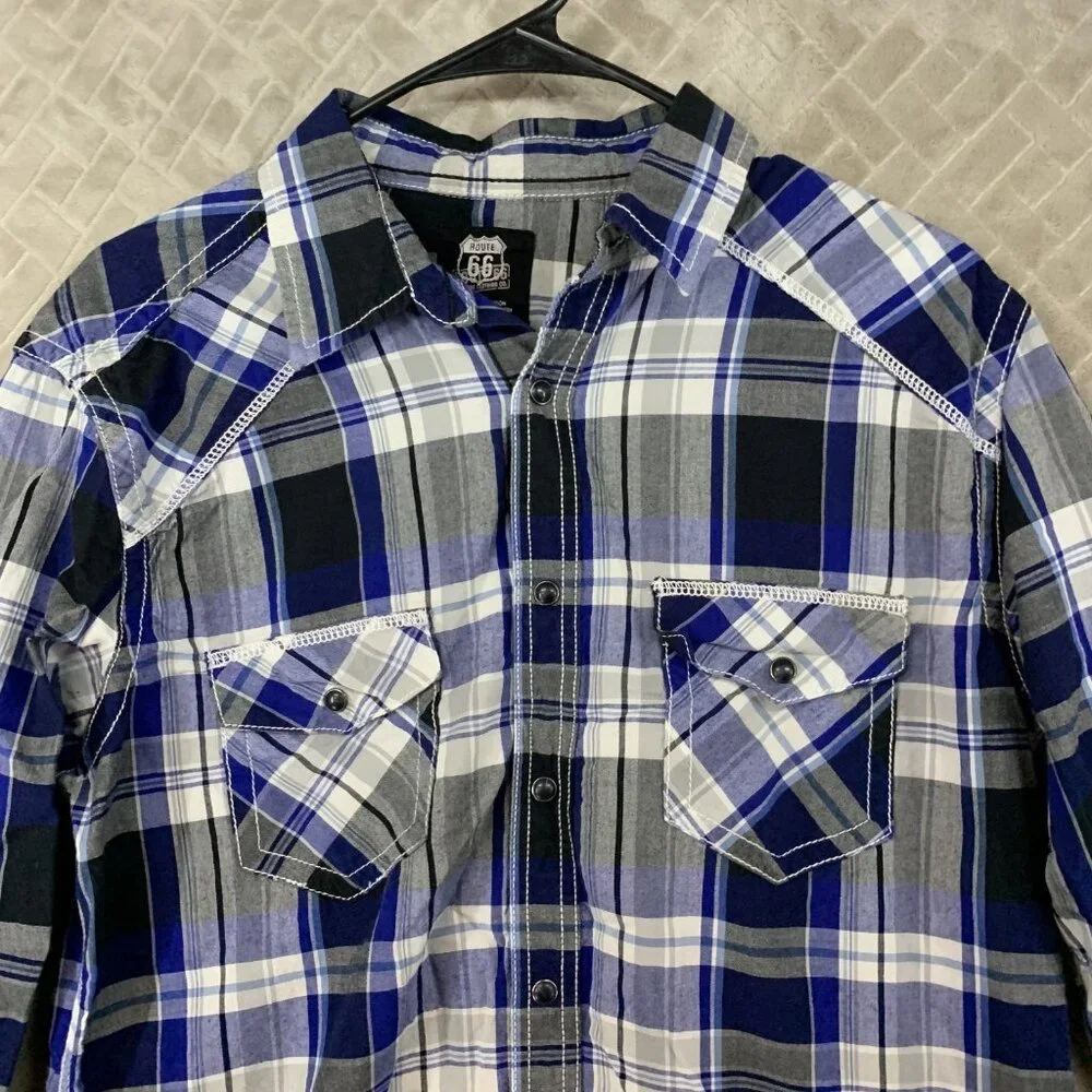 Route 66 Mens Medium Button Up Shirt Blue Plaid Pearl Snap Long Sleeve Western - Picture 2 of 15